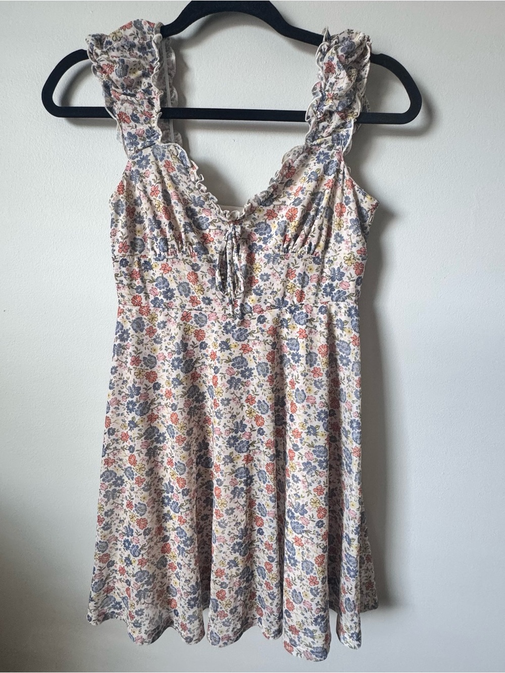 Floral Ruffle Strap Sundress - Cream with Blue & Pink Flowers